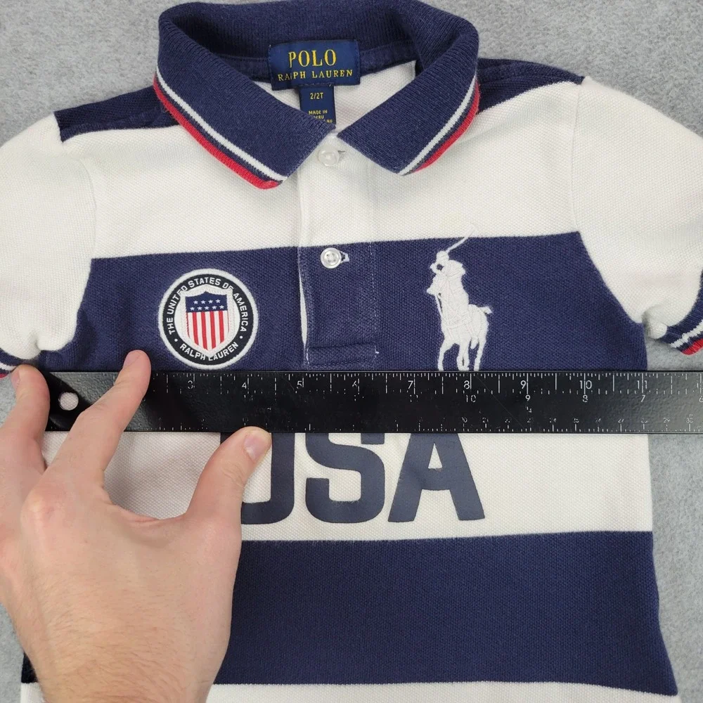 Polo Ralph Lauren Polo Shirt Kids 2/2T Navy Blue White USA Striped Pony
